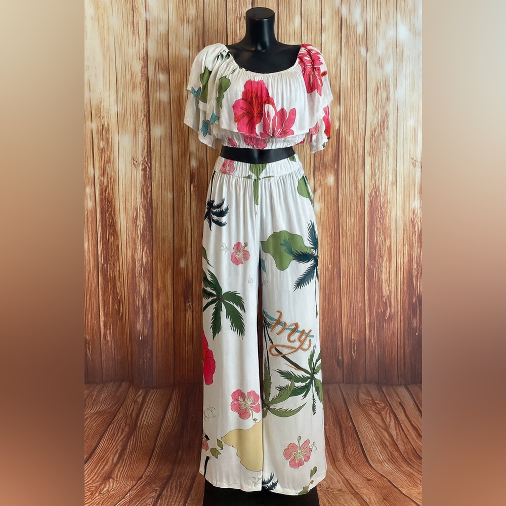 Girl Soul Women Tropical Floral 2 Pcs Set Off Shoulder Crop Top Wide Leg Pants M